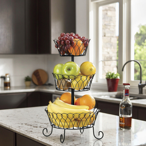 Organisateur de rangement de comptoir <span class=keywords><strong>en</strong></span> maille métallique noire à 3 niveaux <span class=keywords><strong>Panier</strong></span> de rangement pour fruits et légumes de cuisine Support décoratif Paniers de rangement pour aliments - Product Image 4