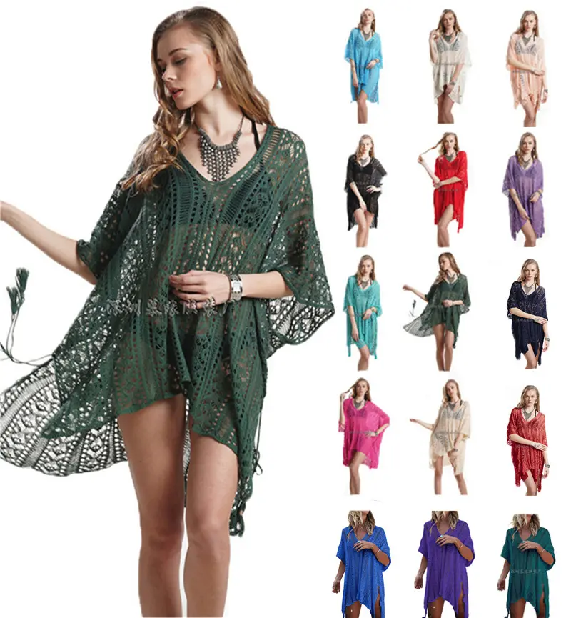 C2 New Crochet Knitted Beach Cover up dress Tunic Long Pareos Bikinis Swimsuit beachwear beach dress Cover up