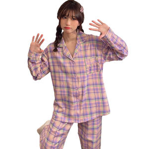 Ins Violet Plaid Pyjamas Printemps et Été Rétro Japonais Plaid Filles À L'extérieur Confortable Revers <span class=keywords><strong>Homewear</strong></span> - Product Image 1