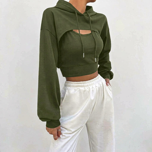 Sudadera con capucha corta verde oliva con detalle recortado, hombros caídos, manga larga, color sólido, informal, para otoño, para mujer - Product Image 1