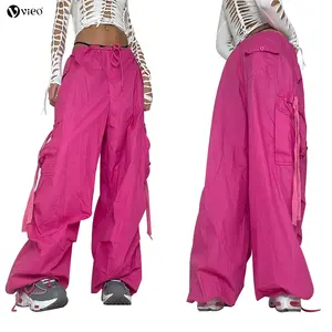 Rose red streetwear cargo jogger pants Custom women cargo pants with side pockets wholesale cargo jogger pants women