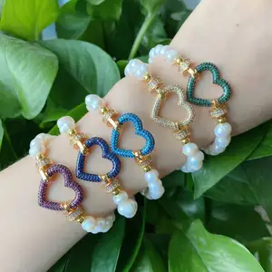 Professional Factory pearl custom charm Colorful CZ Heart Freshwater Pearls Bracelets