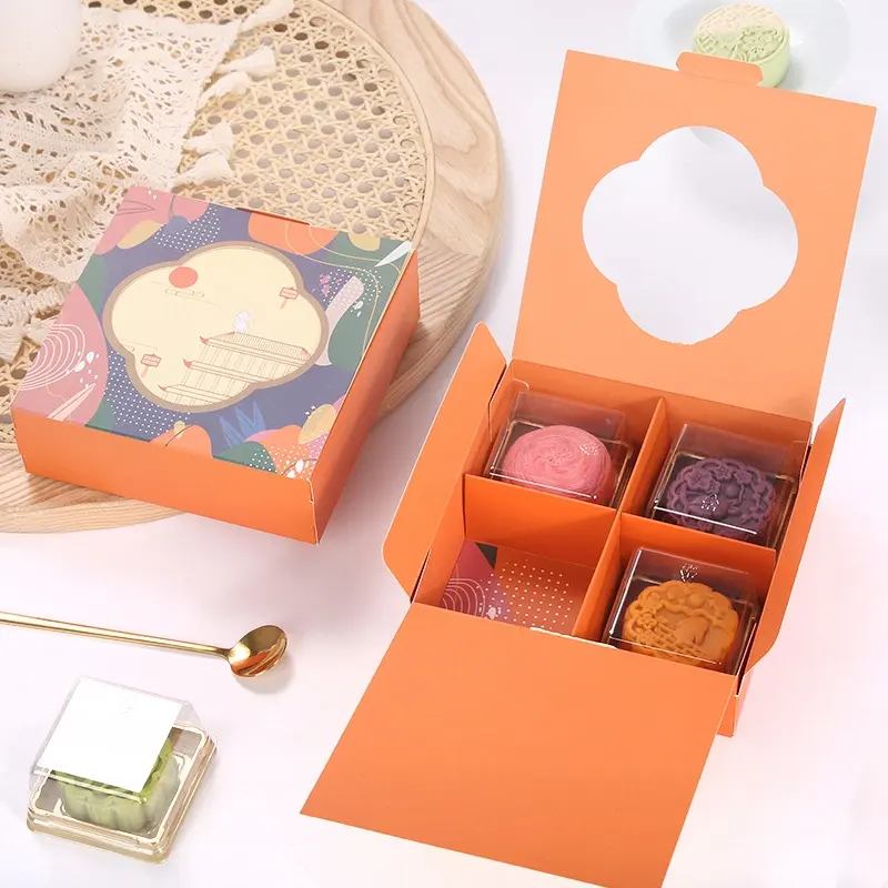 4 Divisie Papieren Deksel En Dienblad Chinese Mid Autumn Festival Mooncake Verpakking Luxe Lantaarn Maan Cakebox