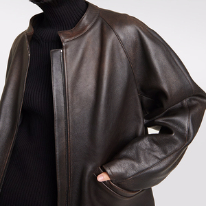 Veste en cuir véritable pour femmes OME, poids lourd, poche personnalisée, haute qualité, décontractée, fermeture éclair intégrale, coton matelassé, unie, en cuir pour femmes - Product Image 4