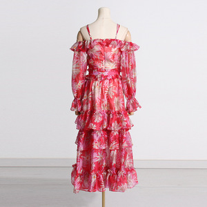 <span class=keywords><strong>Abito</strong></span> lungo con cinturino incrociato di temperamento 2023 nuovo Design stampato con arricciatura in vita dimagrante in Chiffon da donna - Product Image 4