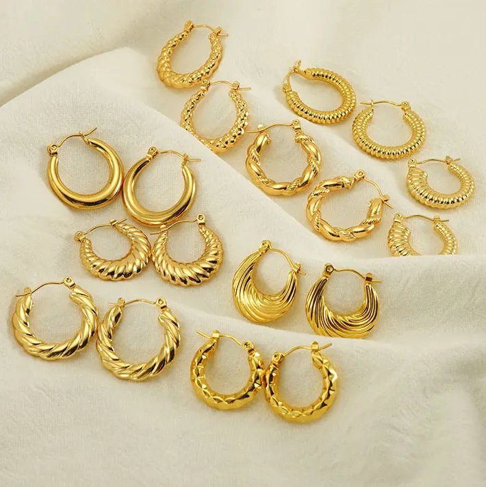 Brincos de argola Huggie giratórios banhados a ouro 18K para mulheres, joia fashion à prova d'água em aço inoxidável geométrico redondo e crescente