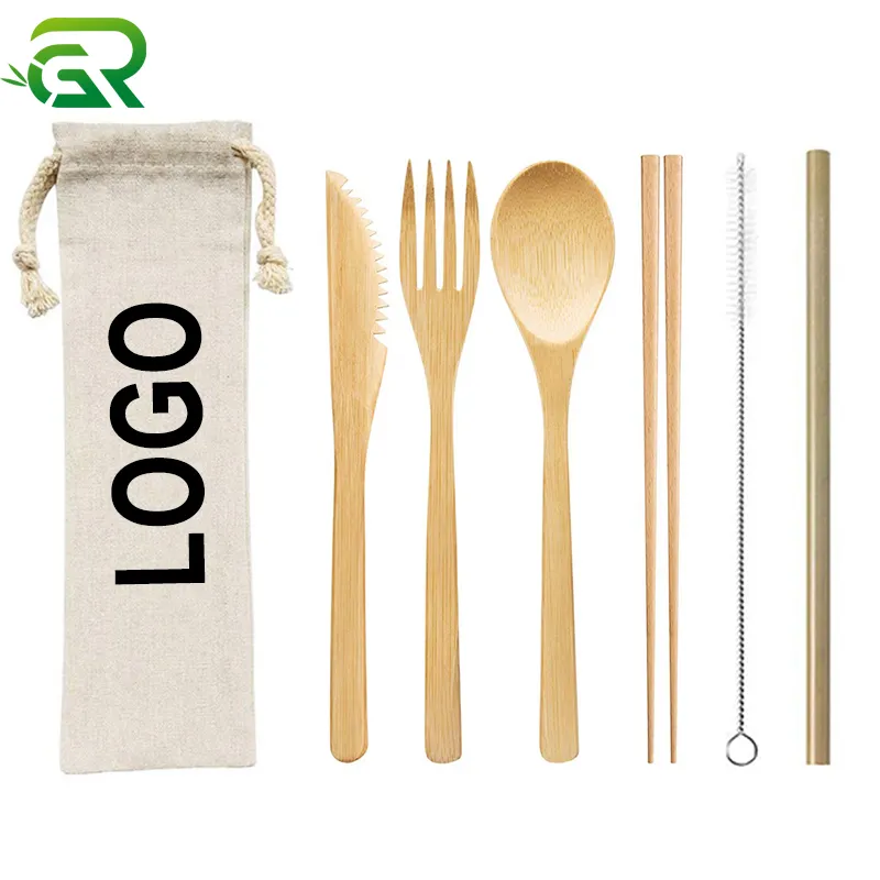 Eco friendly flatware drinking straw wooden knife spoon chopsticks reusable bamboo cutlery travel set with bag custom logo