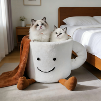 Nouveau Nid pour Chat en Polaire Corail, Moderne, Confortable, Ludique, Personnalisable, Design Créatif et Amusant, Haute Valeur Esthétique, Chaleureux, en Forme de Tasse à Café