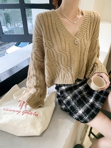 Châu Âu Mỹ phong cách v-cổ len đan cardigan cho phụ nữ lười biếng Loose Casual dài tay với nút trang trí cho mùa xuân - Product Image 4