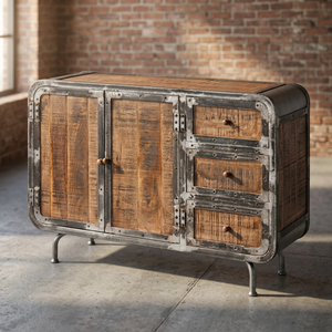Muebles de Salón de Estilo Industrial Vintage, Madera de Mango India Sólida y Antigua, Acabado Rústico, para Casas de Campo o Apartamentos, 3 Cajones, 4 Niveles - Product Image 2