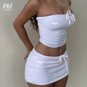 Kadın yaz rahat 2-Piece naylon Spandex Loungewear işlemeli tüp üst kısa etek üreticilerin giyim sıska Fit - Product Image 1