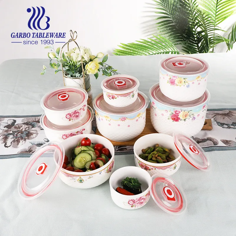 Contenitore per alimenti in ceramica a buon mercato all'ingrosso OEM decor 3 pezzi set di ciotole da portata in porcellana bianca crisper con coperchio in plastica