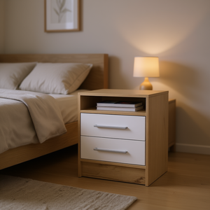 Comodino a due cassetti Cartiz in rovere chiaro bianco, mobile moderno per camera da letto - Product Image 2