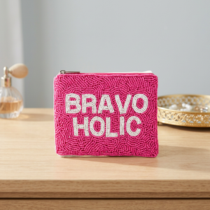 Porte-monnaie rose perlé brodé avec fermeture éclair, pochette personnalisable avec logo pour cadeau de mariage - Product Image 1