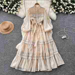 Vestido Midi Casual de Verano con Cuello Mao y Corte A para Mujer, Estilo Túnica Vintage con Retazos, Encaje Hueco y Diseño Digital Ecológico Transpirable - Product Image 3