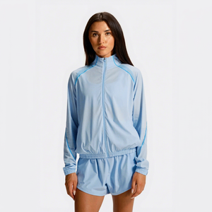 Veste coupe-vent légère bleue zippée et ensemble court pour femmes, vêtements de sport décontractés, ensemble de survêtement deux pièces pour femmes - Product Image 1