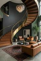 Escalier moderne de luxe, escalier courbé, marches en marbre avec éclairage LED, design durable, escalier intérieur haut de gamme pour hôtel, villa, duplex