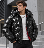 Veste matelassée à capuche brillante personnalisée pour homme avec patch logo en relief, noire, style streetwear hiver, OEM ODM