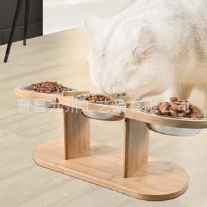 Wooden 3 In 1 Cat Bowl Stand Adjustable Slanted Feeding Station For Cats And Dogs Pet Dining <b>Table</b> With Stainless Steel Bowls - Product Image 2