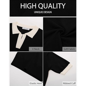 เสื้อโปโลคอปกตัดกันสำหรับผู้หญิง แขนสั้น ถักทอ คอวี เสื้อลำลองสำหรับใส่ทำงาน - Product Image 4