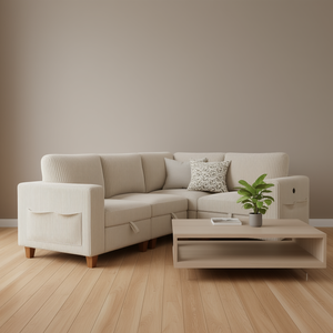 Modern L Shape Beige Corduroy Fabric Modular Sectional <b>Sofa</b> With Storage Pockets Living Room Furniture Solid Wood <b>Legs</b> - Product Image 2