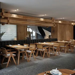 Desain Modern Nordic kursi kayu set Restoran Makan kursi rotan dan meja persegi panjang