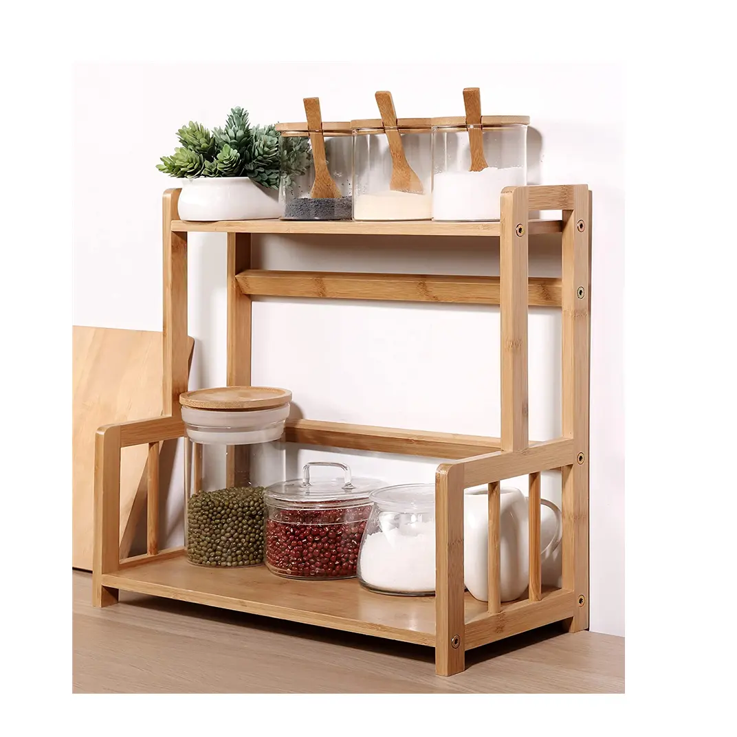 Organizador para tempero de bambu expansível 3 tier, prateleira de passo, bambu para armário, cozinha