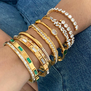Aretas Bling lujo chapado en oro 316L Acero inoxidable declaración piedra brazalete conjunto grueso hoja patrón para bodas fiestas - Product Image 5