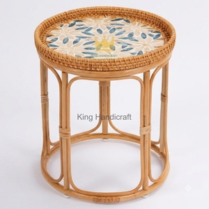 Mid Century Modern Rattan Tea <b>Table</b> <b>Round</b> Flower Inlaid Tabletop <b>Bedside</b> End <b>Table</b> for Apartment Decor - Product Image 2
