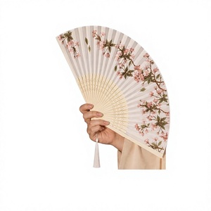 Éventail pliant artisanal en bois naturel avec motif moderne peint en fleurs de cerisier, objet de collection artistique et artisanat décoratif - Product Image 1