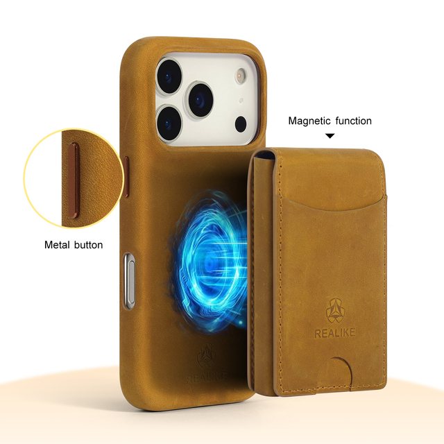 Custom Luxury 2 in 1 Full Crazy Horse Leather Wrapped Magnetic Phone Case,Detachable pop up Card Holder for Iphone17 ProMax case