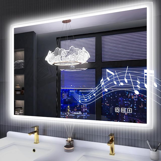 CF Wall Mirror Bluetooth Anti-Fog Stepless Dimmable Tempered Glass 3 Colors Lighted LED Vanity Bathroom Mirror for Bathroom