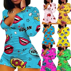 Sıcak satış seksi streç Romper gecelikler V boyun Bodysuit pijama kız ev pijama Nightclothes Shorts şort ve uzun kollu - Product Image 5