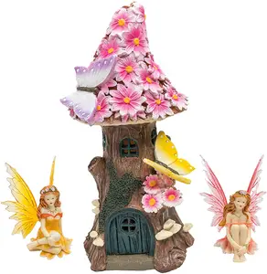 Polyresin/Hars Solar Fairy Huis Gift Set Met Beeldjes-Roze Bloemen, Paddestoelen, Vlinders & Magical Fairies