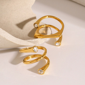 Geometric Asymmetrical Opening <b>Ring</b> 18k Gold Stainless Steel Bezel Set <b>Crystal</b> Unisex Jewelry Gift - Product Image 4