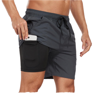 Cheap Wholesale Solid Casual <b>Mid</b> Anti-Wrinkle Quick Drying Breathable Double <b>Layer</b> Pocket Men's Fitness Running Sport Shorts - Product Image 1