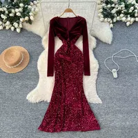 Robe de soirée élégante en sequins noirs unis pour femmes, manches longues, col en V, style sirène ajusté, occasions formelles