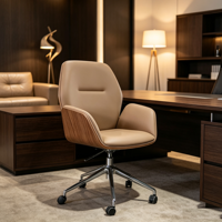 Chaise de bureau exécutive moderne en bois courbé avec revêtement en cuir PU, hauteur réglable, base en métal pivotante - Chaise de bureau pour la maison et la salle à manger
