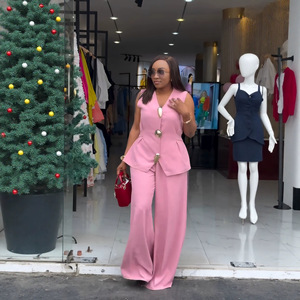 <span class=keywords><strong>Ensemble</strong></span> deux pièces décontracté pour <span class=keywords><strong>femme</strong></span>, style transfrontalier Europe-Amérique, nouveau style africain, avec pantalon et débardeur sans manches à col nœud et laçage - Product Image 5
