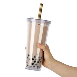 Wholesale Double Wall Tumbler 700ml 24oz Logo Print Plastic Boba Cups With Lid And Straw