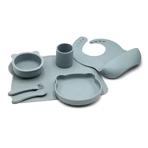 Food Grade Platinum Silicone Baby Feeding Products Set Feeding Supplies With Suction Base Baby Bibs Spoon Fork Divider Plate