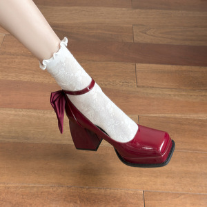 2026 Spring New All-match Wine <b>Red</b> High <b>Heels</b> Square Toe Shallow Mouth Platform Block <b>Heel</b> Pumps for Women - Product Image 4