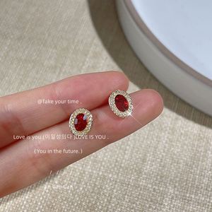 Light Luxury Brass Shiny Oval Red Zircon <b>Stud</b> <b>Earrings</b> S925 Silver Needle 14K Gold Tiny Zircon <b>Earrings</b> for Women - Product Image 1