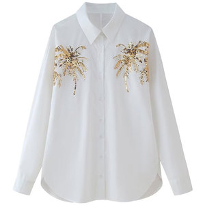 OEM Customized Women's Blouses <strong>White</strong> Long Sleeve Turn-down Collar Shirts With Golden <strong>Sequin</strong> Palm Button Down Casual <strong>Tops</strong> - Product Image 1