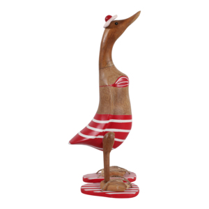 Statuetta di anatra in legno con bikini, a righe rosse e bianche, scultura decorativa per la casa, il bagno, l'ufficio, il soggiorno. - Product Image 1