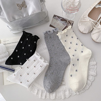 Chaussettes sans coutures pour femmes à volants, en coton respirant, à tube long, avec maille florale et bordure champignon, chaussettes empilables