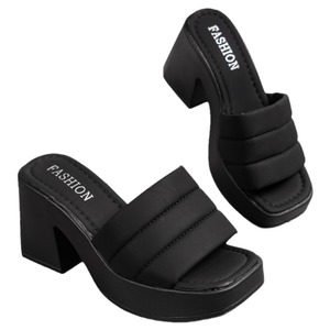 รองเท้าส้นสูงแฟชั่นพื้นหนาสีพื้นสำหรับผู้หญิง ฤดูร้อน พื้นนุ่ม ไซส์ใหญ่ หัวเหลี่ยม ส้นหนา - Product Image 5