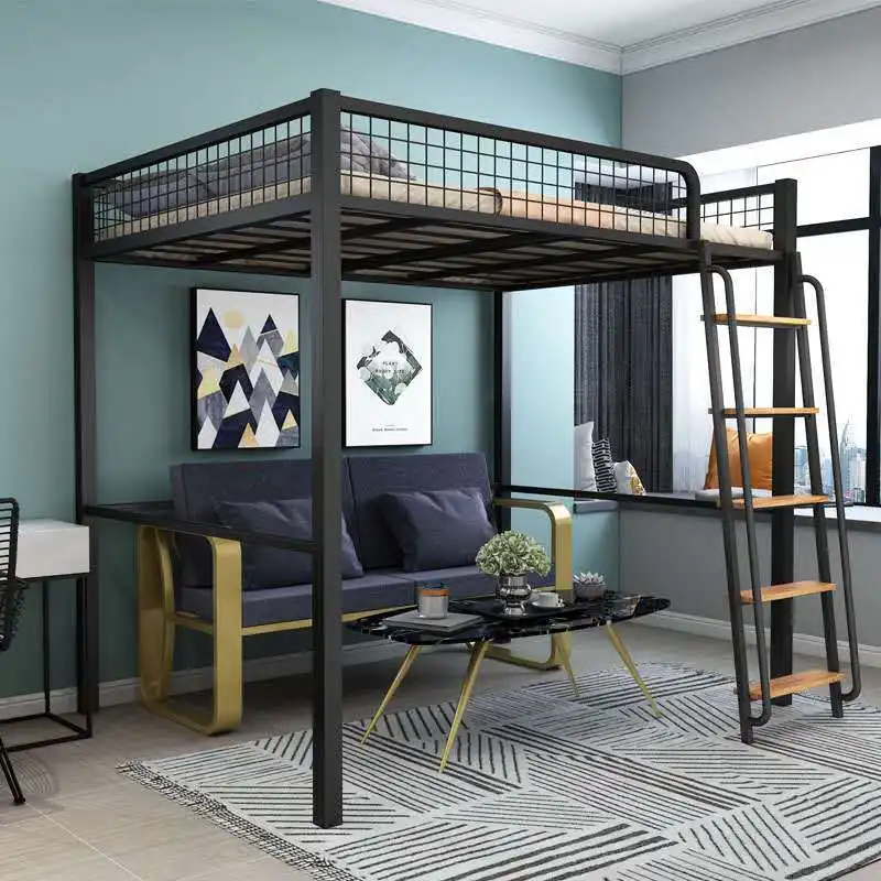 현대 간단한 이중 다기능 철 침대 유럽 소형 아파트 로프트 침대 가정용 금속 메쉬 프레임 침대