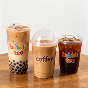 Vasos Desechables de Plástico PP Rígido Esmerilado para Té Boba y Bebidas, de 12oz y 8oz, con Tapa, Servilleta y Monograma Personalizado, Venta al por Mayor - Product Image 1