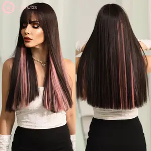 Peluca larga de cabello sintético para mujer, cabellera artificial resistente al calor, color rosa claro con flequillo, color negro y rosa